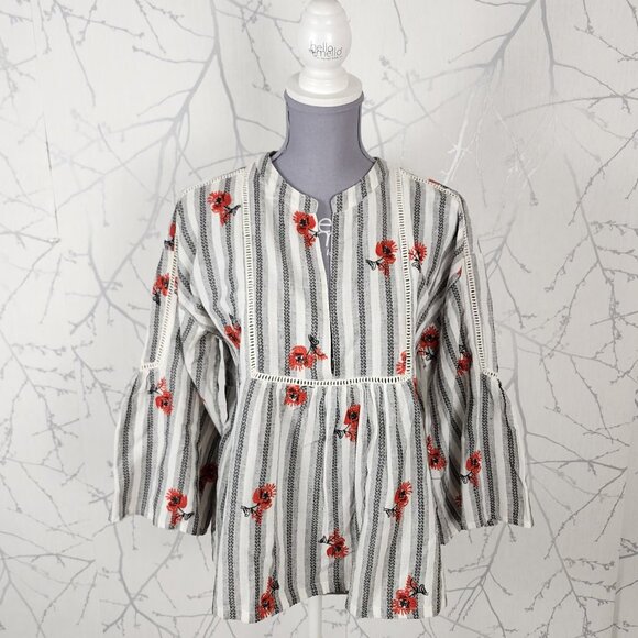 Fate White Stripe Floral Embroidered Bell Sleeve Blouse - Picture 1 of 8